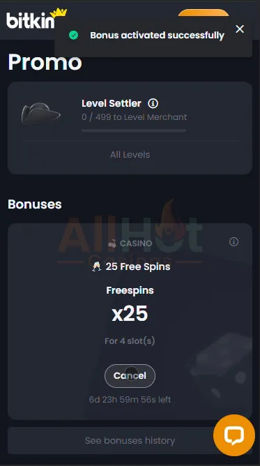 BitKingz casino No deposit 25 Free spins Bonus Activation for 4 slots: Moneyfest, Spinguin, Tik Tak Toad or Wild Wild Gold Slots from Popiplay Screenshot