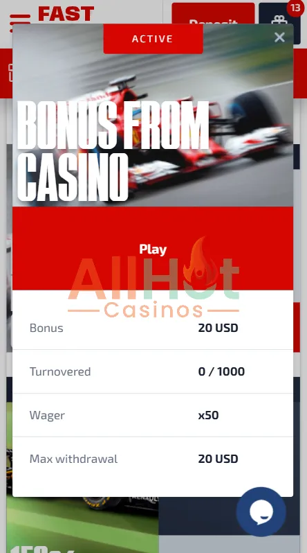 FastOne casino No deposit $20 Free Cash Bonus Details Screenshot