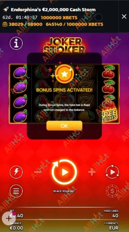HitHSpin casino No deposit 30 Free spins Bonus in Joker Stoker Slots from Activated