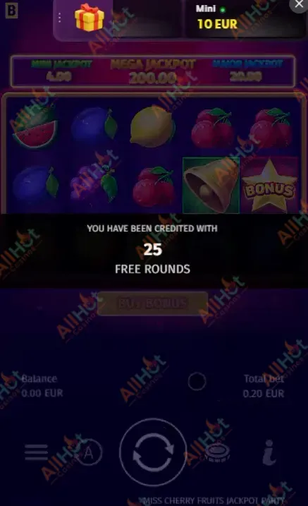National casino No deposit 25 Free spins Bonus in Miss Cherry Fruits JackPot Party Slot from BGaming Screenshot Awarded