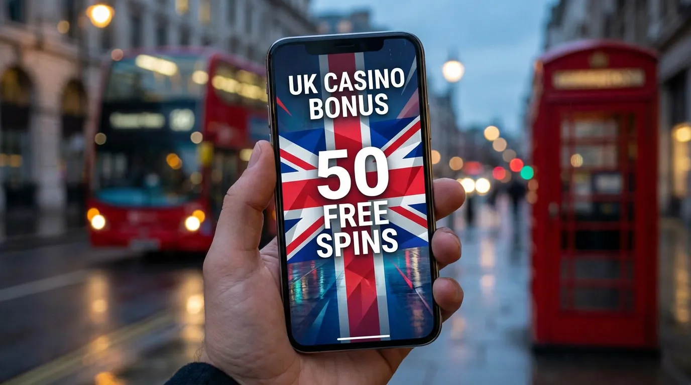 Smartphone displaying a UK casino no deposit bonus with Union Jack graphics, set against a background featuring a London red bus and telephone box