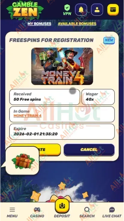 GambleZen Casino No deposit 50 Free spins Bonus Before Activation Screenshot