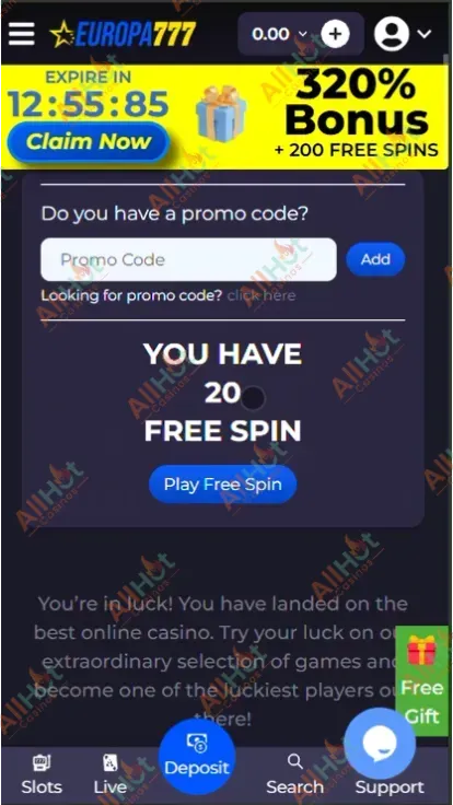 Europa777 casino No deposit 20 Free spins Bonus Available in the Profile Screenshot