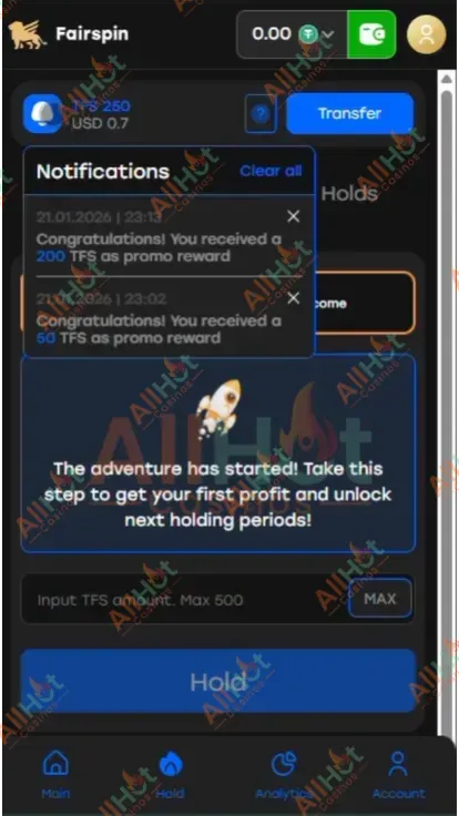 FairSpin No deposit 250 Free TFS tokens Bonus Awarded Screenshot
