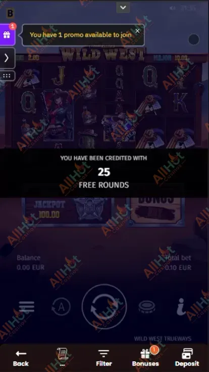 DragonSlots Casino No deposit Bonus 25 Free Spins Awarded Screenshot