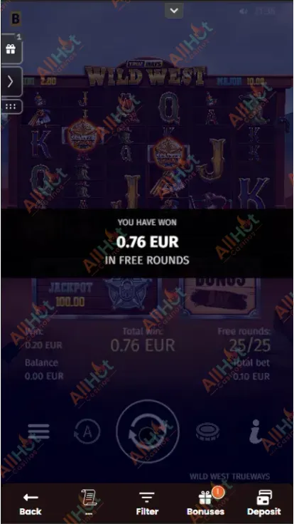 Total Amount of 0.76 EUR Won from the Bonus Play Screenshot