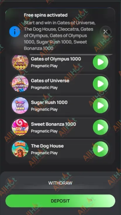 50 Free Spins for multiple games Activated in the Account Screenshot