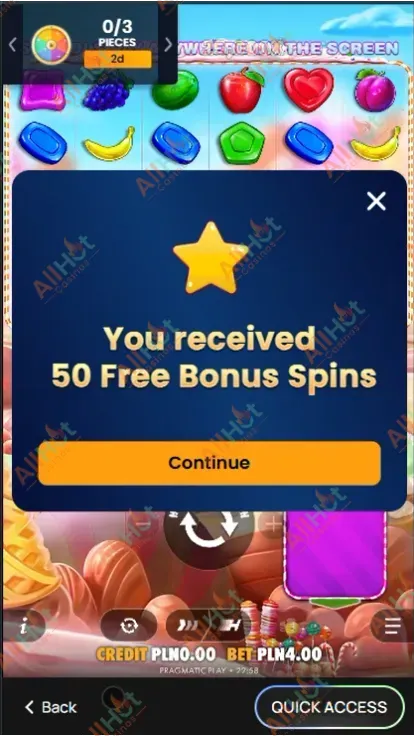 Flagman Casino No deposit Bonus 50 Free Spins Awarded in The Game of Sweet Bonanza 1000 from Pragmatic Play Screenshot
