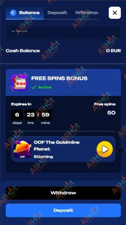 Fugu Casino No deposit Bonus 50 Free Spins Activated in the Account Screenshot
