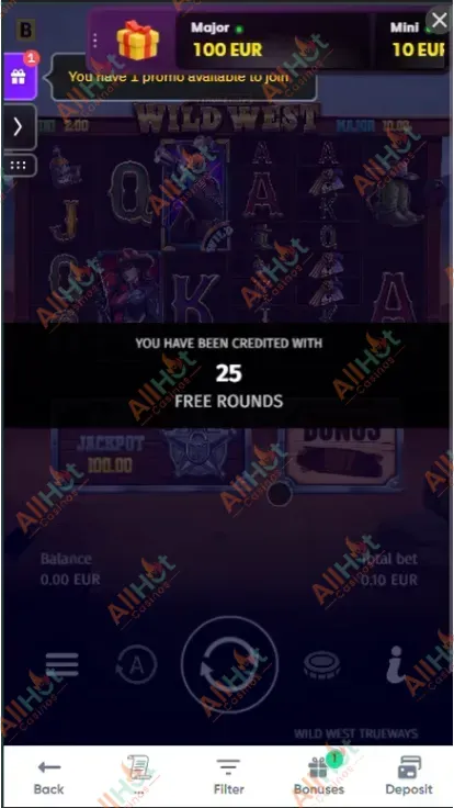 GranaWin Casino No deposit Bonus 25 Free Spins Awarded In The Game Screenshot