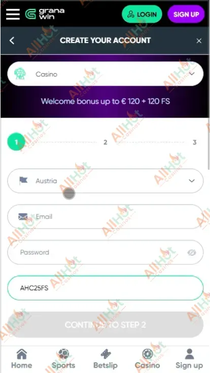GranaWin Casino No deposit Bonus Code Input to get 25 Free Spins Screenshot
