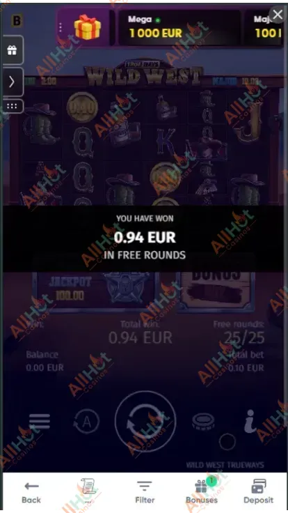 Total Amount Won After 25 Free Spin Screenshot