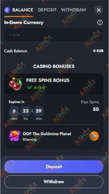 Martin Casino No deposit Bonus 50 Free Spins Activated in the Account Screenshot