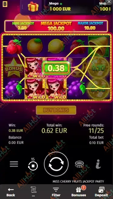 A screenshot from AllHotCasinos showing the highest win of €0.38 earned during the 25 free spins session on Miss Cherry Fruits JackPot Party at National Casino