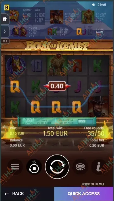 Book of Kemet highest win screen during free spins session