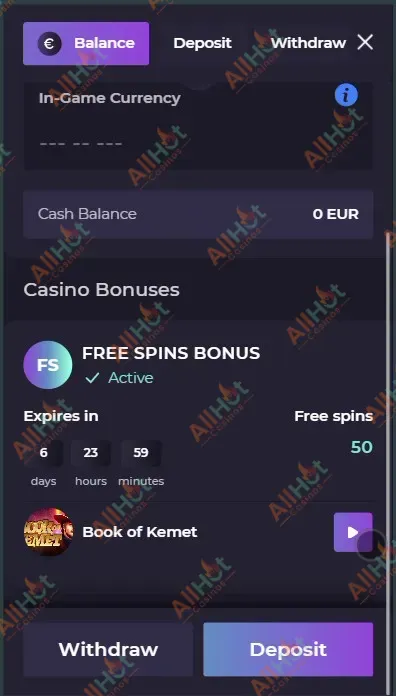 IZZI casino No deposit Bonus 50 Free spins Activated in the account Screenshot ✅