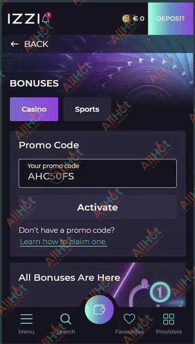 Izzi casino No deposit Bonus 50 Free spins Code Input Screenshot