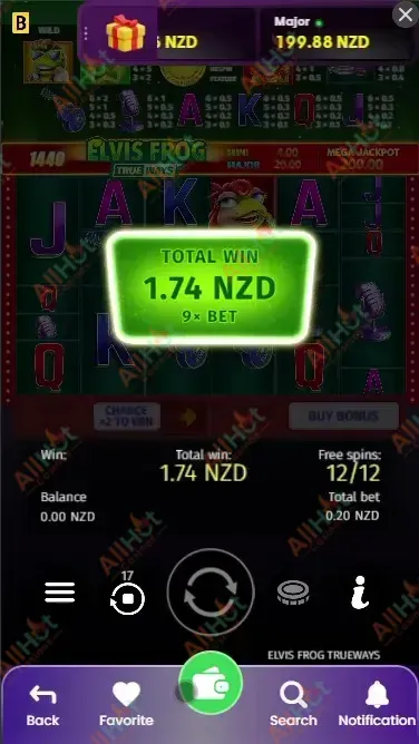Elvis Frog TRUEWAYS big win screen showing the 1.74 NZD payout