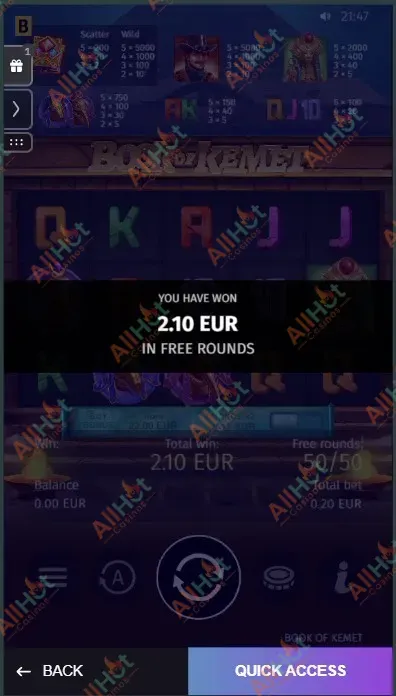 Total Amount won In the game after 50 free spins