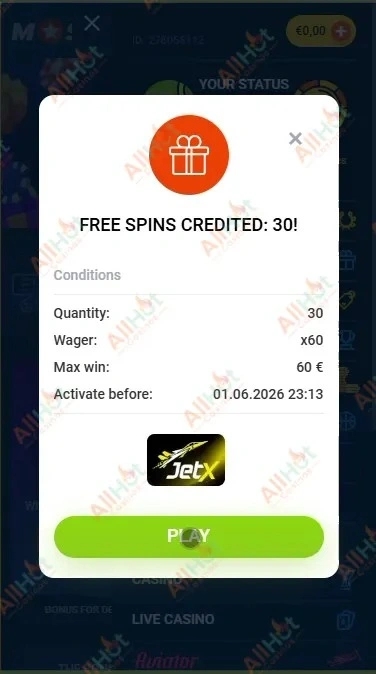 MostBet Casino voucher activated pop-up showing success message