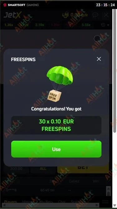 MostBet Casino free spins credited notification screen for JetX