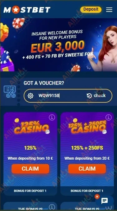 MostBet Casino voucher input field with registration code entered