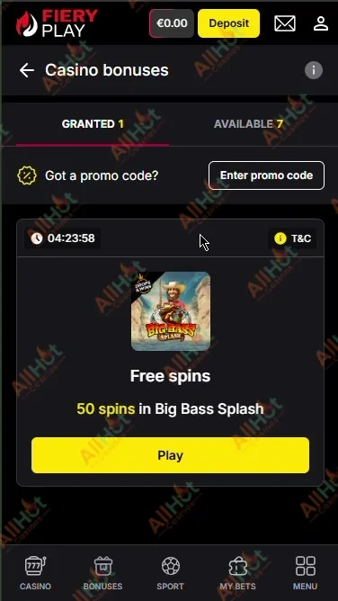 FieryPlay Casino No Deposit Bonus available under the promotional tab