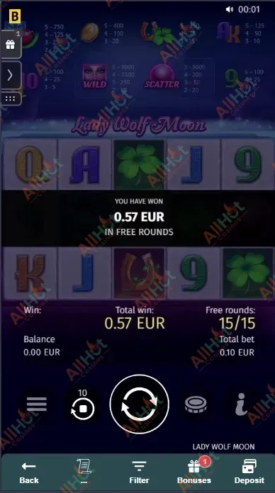 Bonus Proof - Total amount of 0.57EUR won after all Free Spins in Lady Wolf Moon Slot from BGaming